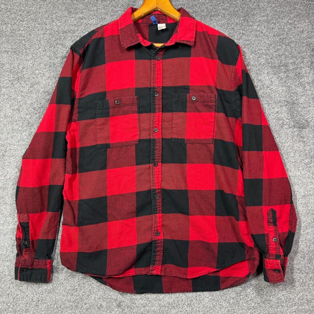 H&M Divided Flannel Shirt Mens Large Buffalo Plaid Red Black Long Sleeve